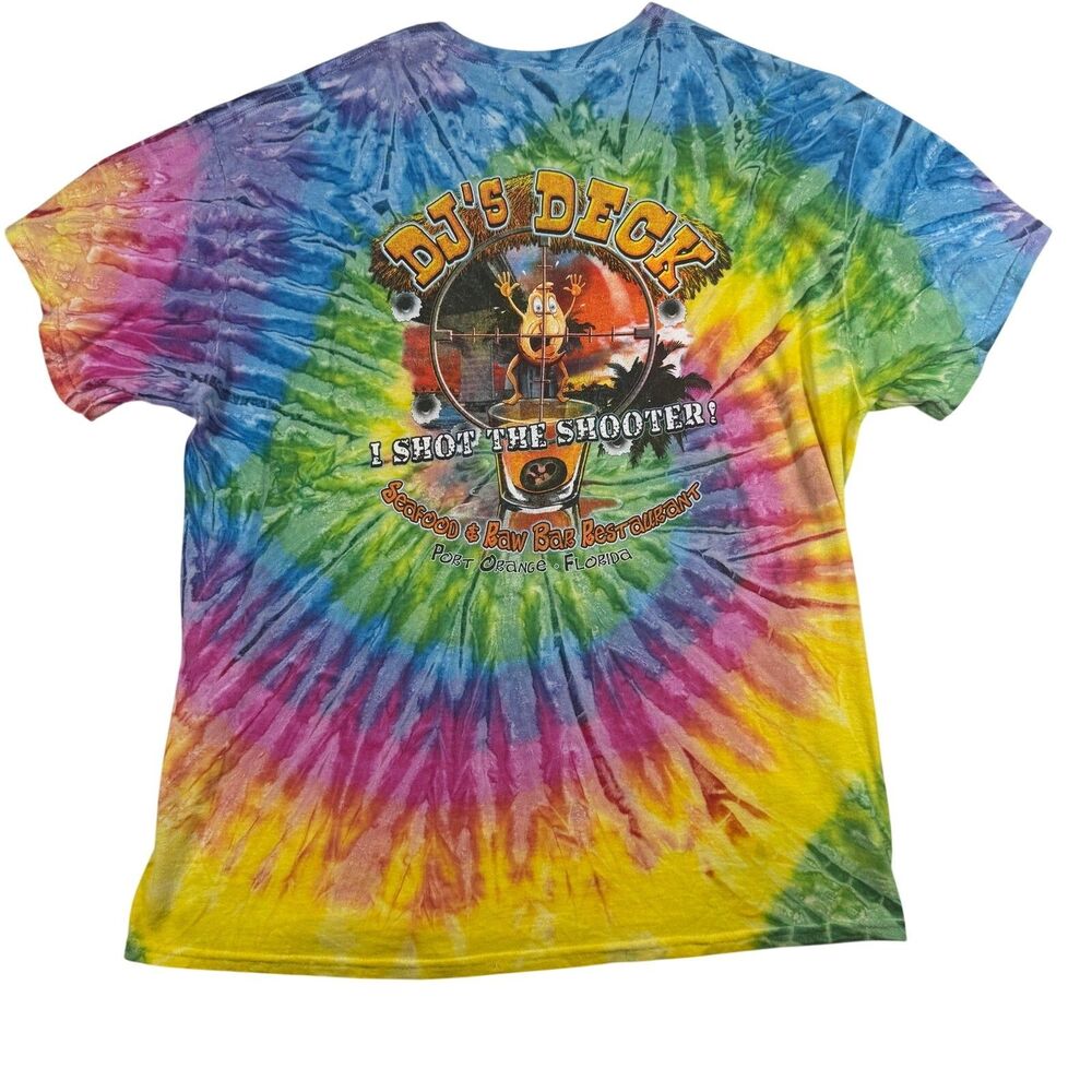 DJ’s Deck Port Orange Florida Tie Dye Seafood Raw Bar Graphic T Shirt XL Gildan